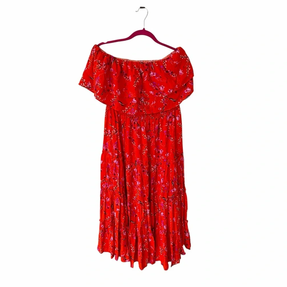 MSK XL Red Floral Off Shoulder Ruffle Midi Dress Boho NWT - Picture 3 of 5